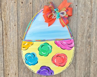 Ships Now!  Jumbo colorful easter egg door hanger with coordinating bow