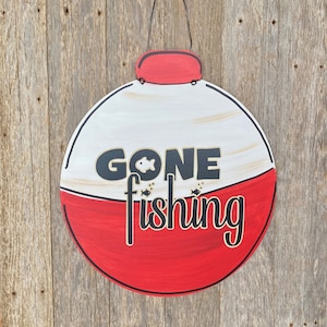 Gone fishing bobber front door hanger decoration hanging hang wreath ornament wood wooden bow ribbon fish pole line bait custom