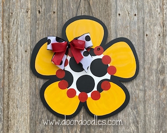 Yellow, red, black and white  flower with polka dot center front door hanger decoration wood wooden decor custom wreath