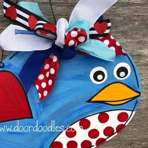 Blue bird of happiness with dangly legs Valentine's door hanger decoration shabby chic Valentine wooden wood hanging Door Doodles image 3