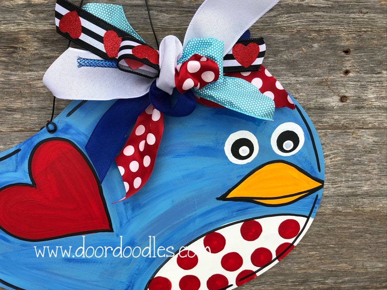 Blue bird of happiness with dangly legs Valentine's door hanger decoration shabby chic Valentine wooden wood hanging Door Doodles image 3