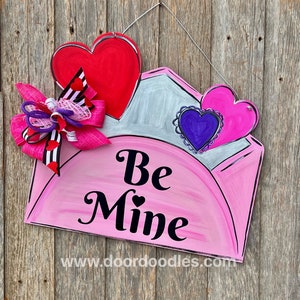 Ships Now Valentine's Day door hanger be mine envelope red pink wood wooden sign Valentine Valentines February 14 wreath decoration Pink