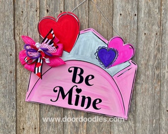 Ships Now! Valentine's Day door hanger be mine envelope red pink wood wooden sign Valentine Valentines February 14 wreath decoration