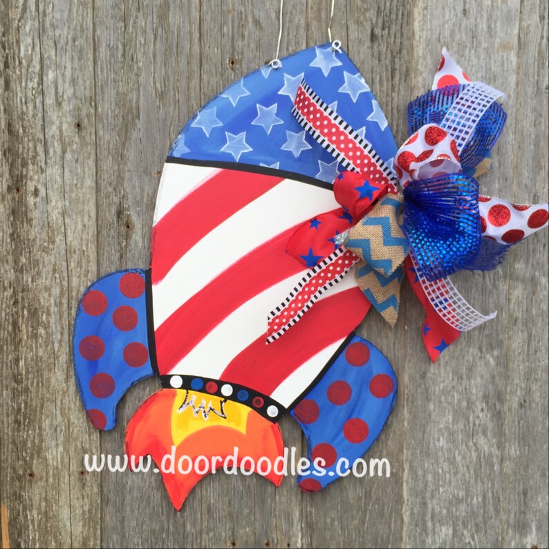 4th of July Huge Firecrackers rocket front door decoration patriotic hang hanger July 4 USA America wood wooden custom wreath Door Doodles