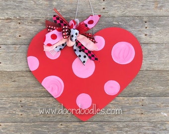 Valentine heart door hanger red pink polka dot front door wood wooden Valentine's Day