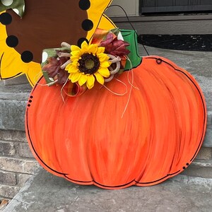 Ships Now Fall pumpkin door hanger with sunflower bow image 1
