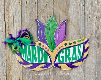 Last One! Ships Now! Mardi Gras mask wooden door hanger