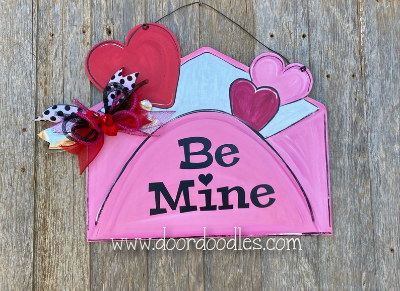 Ships Now Valentine's Day door hanger be mine envelope red pink wood wooden sign Valentine Valentines February 14 wreath decoration image 5