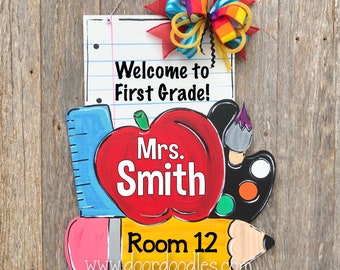 Ships Now! Teacher classroom door hanger with notebook paper, pencil, apple, paint, ruler