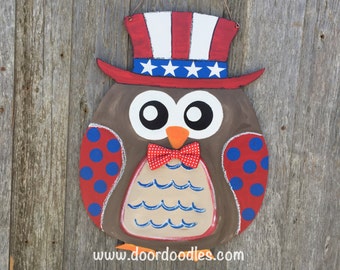 Ships Now! Uncle Sam owl 4th of July front door decoration patriotic door decor July 4th with with red & blue polka dot circles with bow
