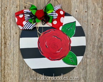 Ship Now! Rose door hanger with black & white horizontal stripes and felt flower pink or red
