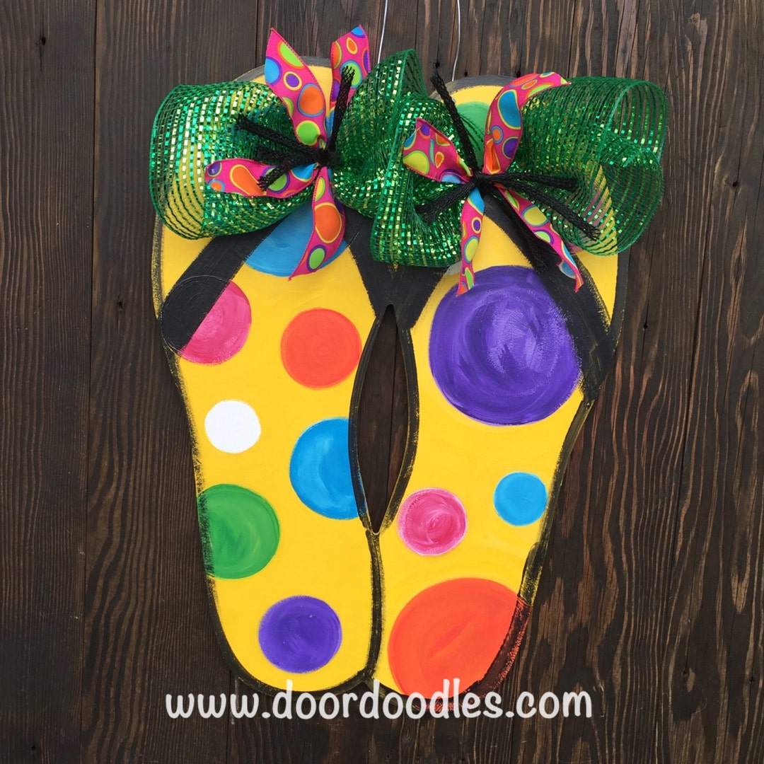Yellow Bright Polka Dot Pair of Flip Flops Door Decoration Hanger Decor ...