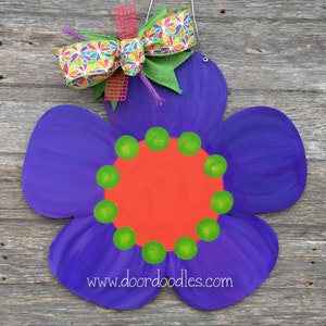 Purple flower with polka dot center front door hanger decoration wood wooden decor custom wreath