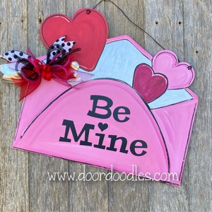 Ships Now Valentine's Day door hanger be mine envelope red pink wood wooden sign Valentine Valentines February 14 wreath decoration image 6