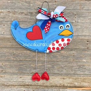 Blue bird of happiness with dangly legs Valentine's door hanger decoration shabby chic Valentine wooden wood hanging Door Doodles image 1