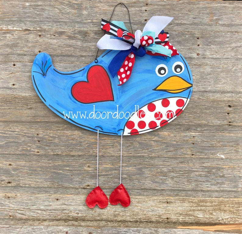 Blue bird of happiness with dangly legs Valentine's door hanger decoration shabby chic Valentine wooden wood hanging Door Doodles image 1