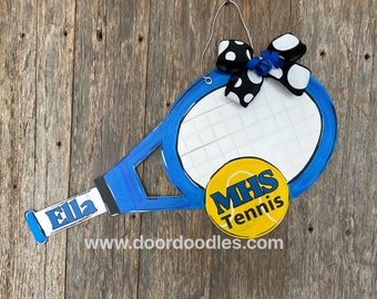 Tennis racquet racket and ball door hanger decoration - any team, custom personalized wood wooden front door wreath hang decor sports fan