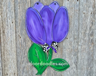 Purple tulip front door hanger in flower spring door hang ornament wood wooden front door sign
