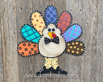 Thanksgiving door hanger Turkey with polka dot bow tie door hanger decoration hang happy thanksgiving wood wooden