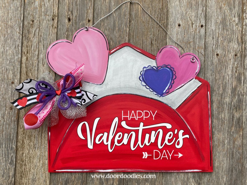 Ships Now Valentine's Day door hanger be mine envelope red pink wood wooden sign Valentine Valentines February 14 wreath decoration image 3