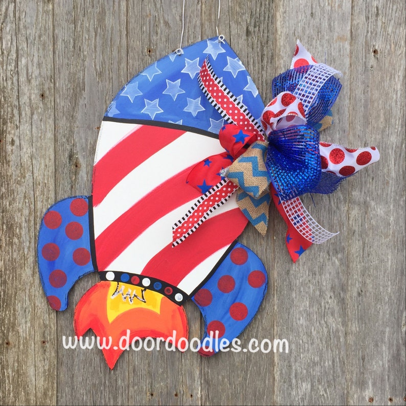 4th of July Huge Firecrackers rocket front door decoration patriotic hang hanger July 4 USA America wood wooden custom wreath Door Doodles