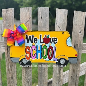 School bus, We love school apple, back to school, teacher door hanger hanging Door Doodles wood wooden custom hand painted