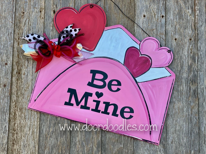 Ships Now Valentine's Day door hanger be mine envelope red pink wood wooden sign Valentine Valentines February 14 wreath decoration image 4