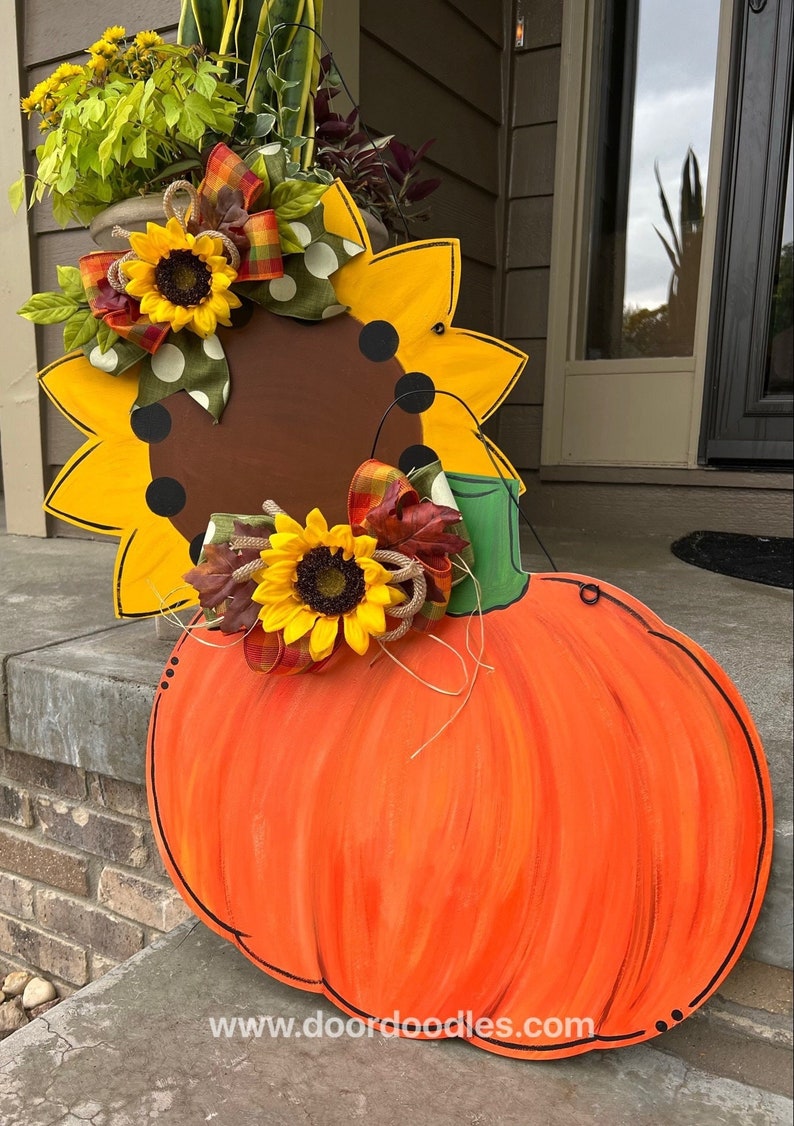 Ships Now Fall pumpkin door hanger with sunflower bow image 2