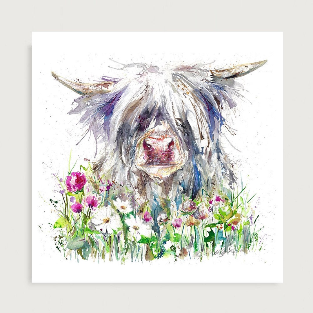 Large Canvas Giclee Watercolour Highland daisy Cow Wall Art Print by