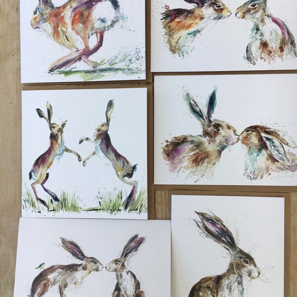 6 wildlife cards hares , boxing hares , rabbit , blank watercolour art greetings cards, birthday, mothers day card Easter card