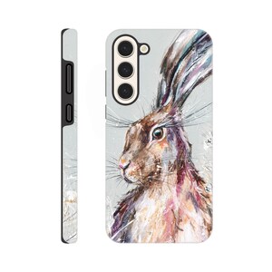 May include: A phone case featuring a detailed painting of a hare. The artwork showcases the hare's profile with long ears and expressive eyes, set against a light gray background. The case has a black border and a camera cutout.