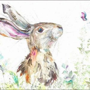 Designer Hare . Hares and butterfly single Coaster by Nicola Jane Rowles made in UK from original watercolour hare art