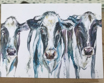 Herd of  Cows Birthday Art blank Watercolour print card designed by artist Nicola Jane Rowles  . cow birthday card