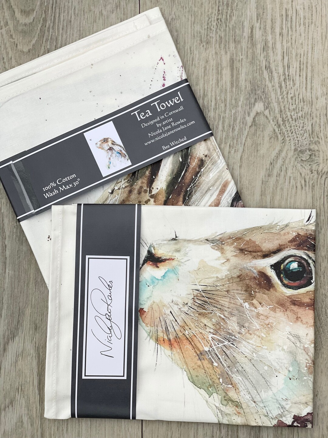 Tea Towel Designer Contemporary Watercolour Hare and Bee Design, Large