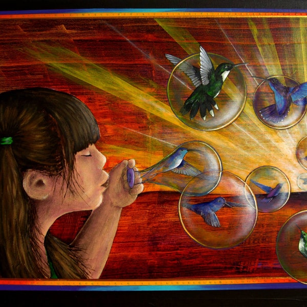 Original painting "Just allow.." ,  conciousness art, hummingbirds and bubbles