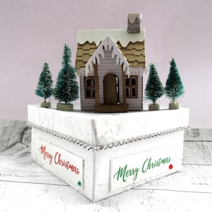 Log Cabin Snow Scene Merry Christmas Gift Trinket Jewelry Keepsake Box