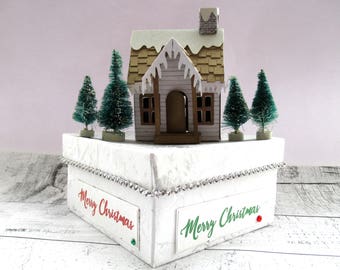 Log Cabin Snow Scene Merry Christmas Gift Trinket Jewelry Keepsake Box
