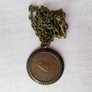 Outlander Themed 1945 British Farthing Coin Pendant with Bird Motif 18 inch chain
