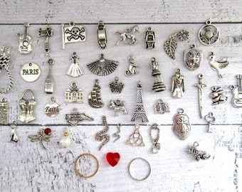 May include: A collection of silver charm pendants featuring various designs, including a crown, a sword, a guitar, a house, a corset, a butterfly, a key, a heart, a cross, a skull and crossbones, a bottle of champagne, a pair of scissors, a snake, a dragonfly, a pearl, a ring, an Eiffel Tower, a castle, a fan, a horse, a leaf, a thistle, a bird, a rabbit, a cat, a dog, a compass, a book, a shield, a noose, a corset, a state of North Carolina, the word "Faith", and the word "Paris".