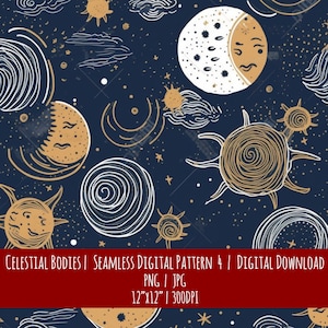 Corps célestes, planètes, soleil dans un style dessiné à la main - motif numérique sans couture. BOHO. Éclectique. Décor de ferme. Motif répétitif. Imprimable