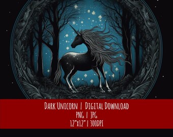 Dark Unicorn in Hand Drawn Style | Celestial | Pagan | Wicca | Eclectic | Printable | PNG JPG | Digital Download File | Unicorn Clipart