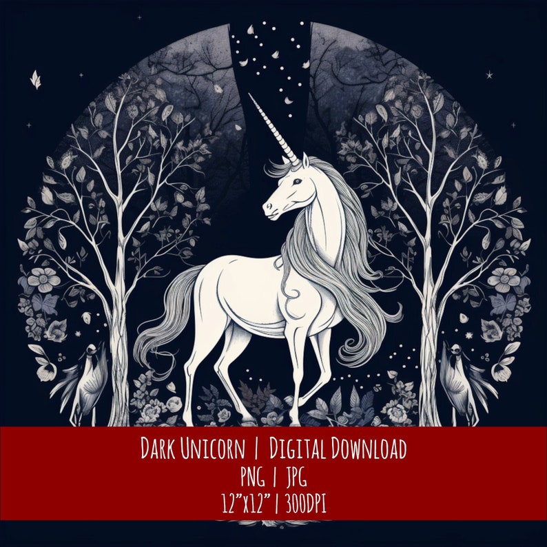 Dark Unicorn Clipart: Hand-Drawn Celestial Design (PNG JPG Digital Download), photo 1 of 2