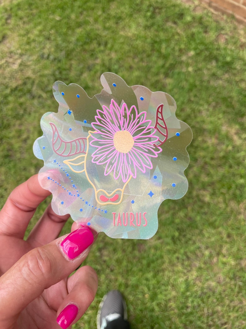 Taurus Zodiac Suncatcher: Holographic Rainbow Window Sticker, photo 4 of 10
