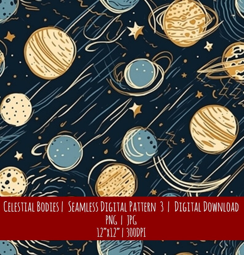 Celestial Planets Seamless Pattern: Boho Farmhouse Style (Digital Download), photo 1 of 2