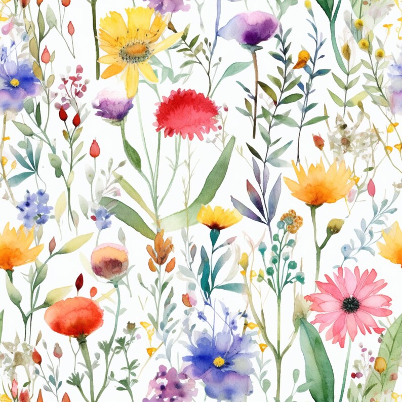 Wildflower Watercolor Seamless Pattern: Boho Farmhouse (Digital Download), photo 2 of 2