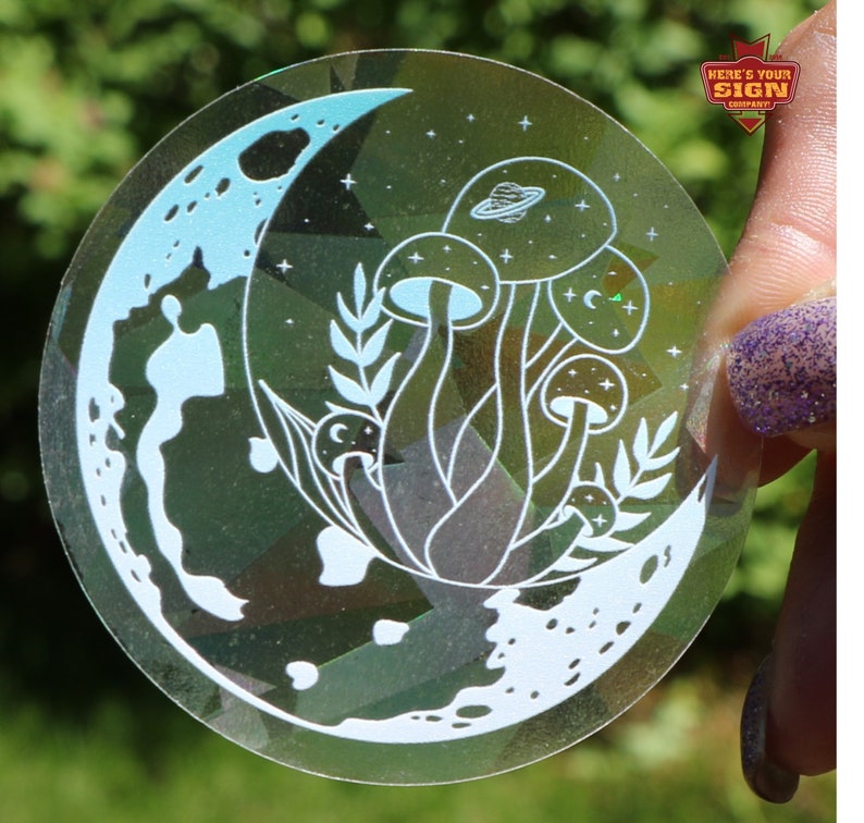 Mushroom Moon Suncatcher Sticker: Rainbow Prismatic Window Film (3 inch), photo 2 of 6