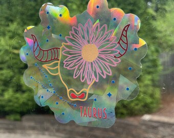 Taurus Zodiac Sign Suncatcher. 4" Height Rainbow Maker. Feminine Prismatic Window Sticker. Sun Catcher. Image Printed on Holographic Film.