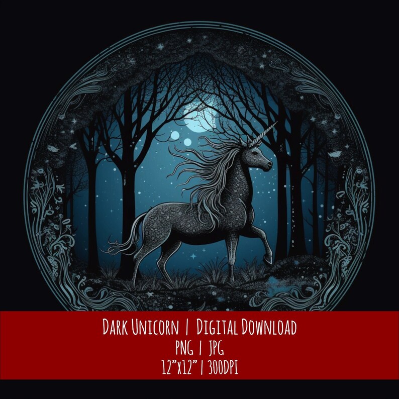 Dark Unicorn Hand-Drawn Clipart: Celestial Pagan Design (PNG JPG Digital Download), photo 1 of 2