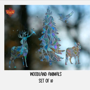 Woodland Animals & Trees Window Clings. Set of 10.  Sun Catcher. Rainbow Window Prism Decoration. Static Window Cling. Bonus clings always!