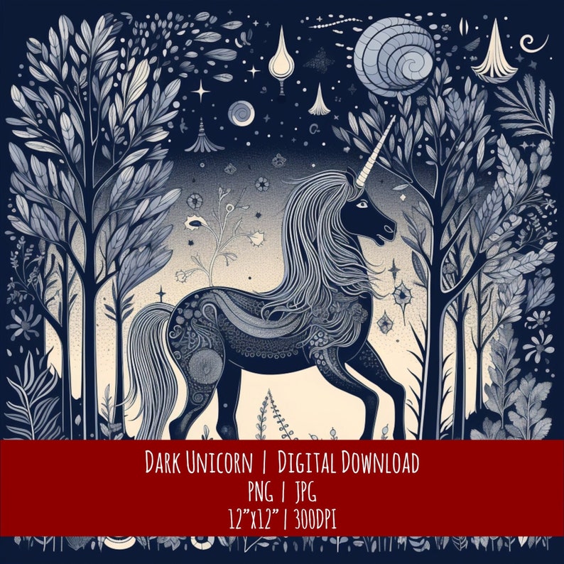 Dark Unicorn Celestial Art: Hand-Drawn Style (PNG JPG Digital Download), photo 1 of 2